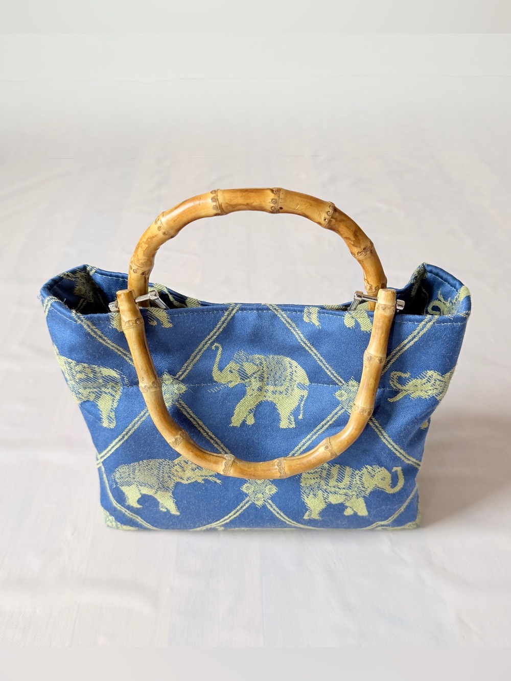 Vintage FRED Elephant Woven Jacquard Blue Mini Tote Bamboo Handle Purse⁠